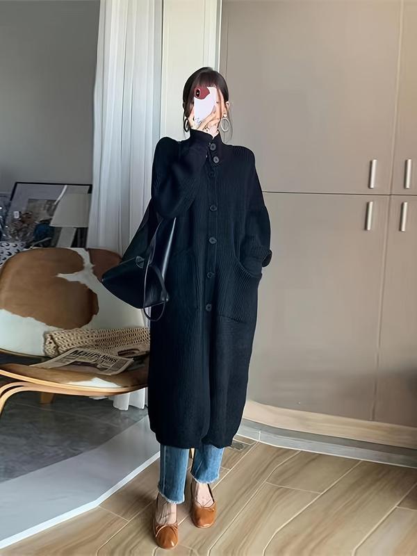 Women's Solid Color Button Front Drop Shoulder Long Cardigan, Casual Long Sleeve Collared Knitwear for Fall & Winter, Women's Knit Clothing for Daily Wear